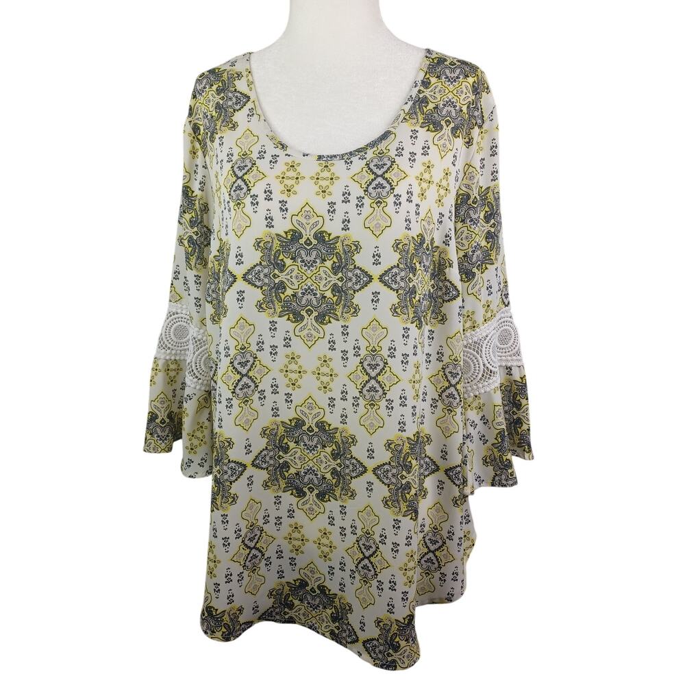 Cato‎ Y2K Floral Paisley Boho Bell Sleeve Top M Cream Black Peasant Crochet Trim